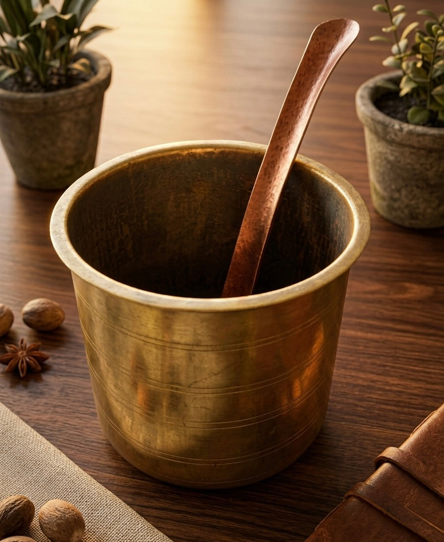 Antique Brass Long Shape Cooking Bowl | with Copper Ladle | Pital Bhagoni | Kitchen Utensil with Spatula - Bombay Antiques