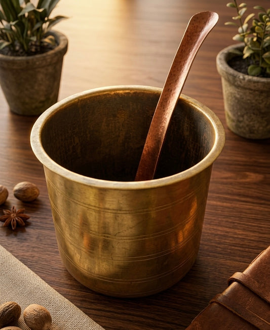 Antique Brass Long Shape Cooking Bowl | with Copper Ladle | Pital Bhagoni | Kitchen Utensil with Spatula