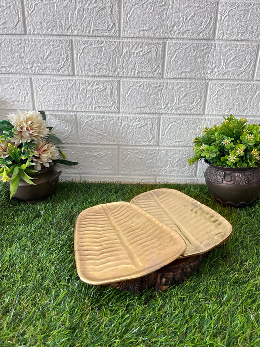 Brass Leaf Plates In Pair - Antique Serving Item