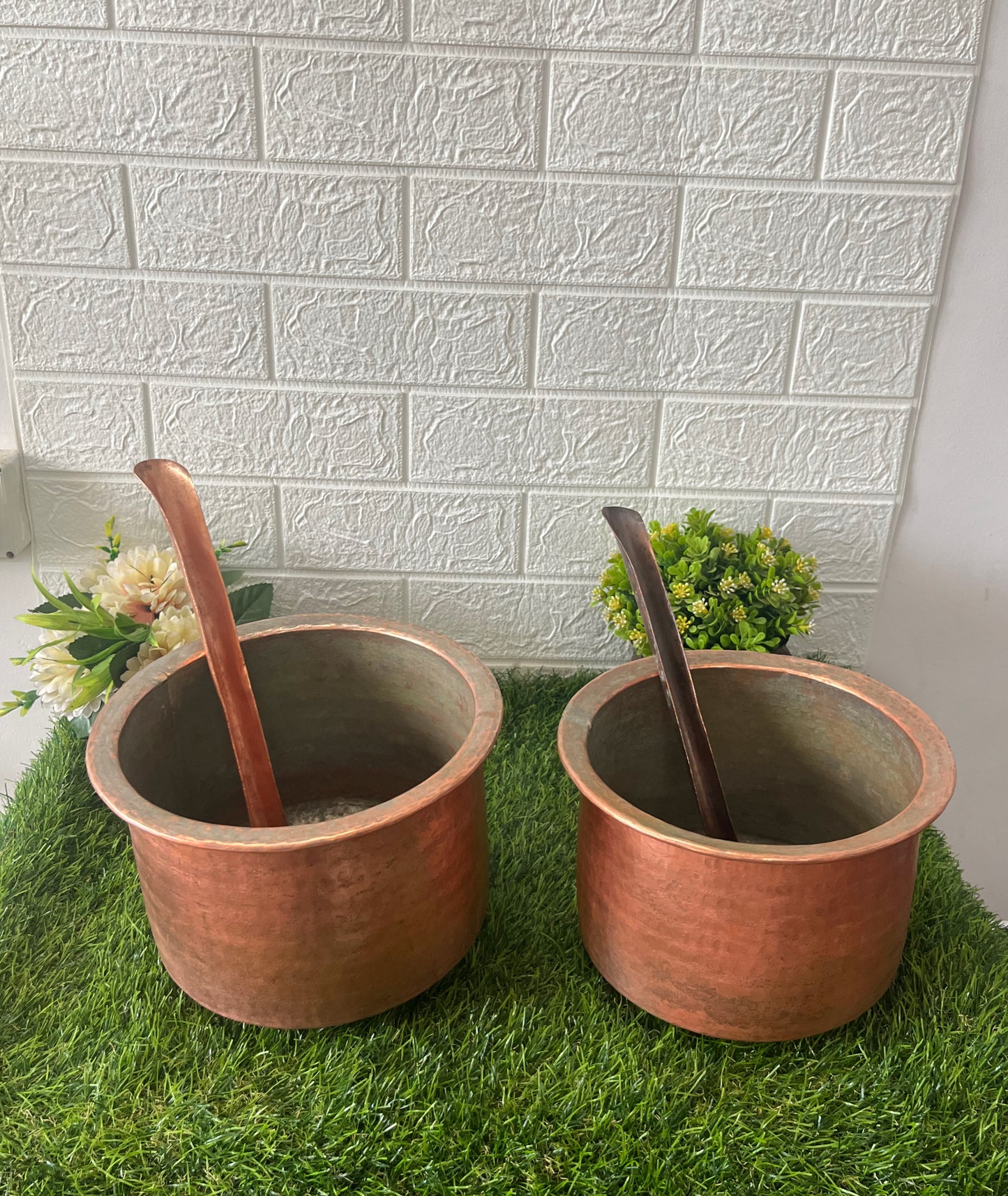 Antique Copper Cooking Bowls With Ladle Pair