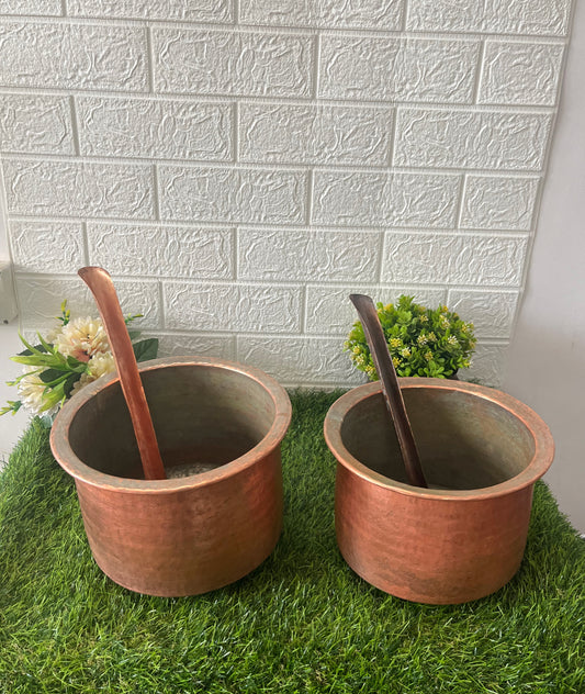 Antique Copper Cooking Bowls With Ladle Pair