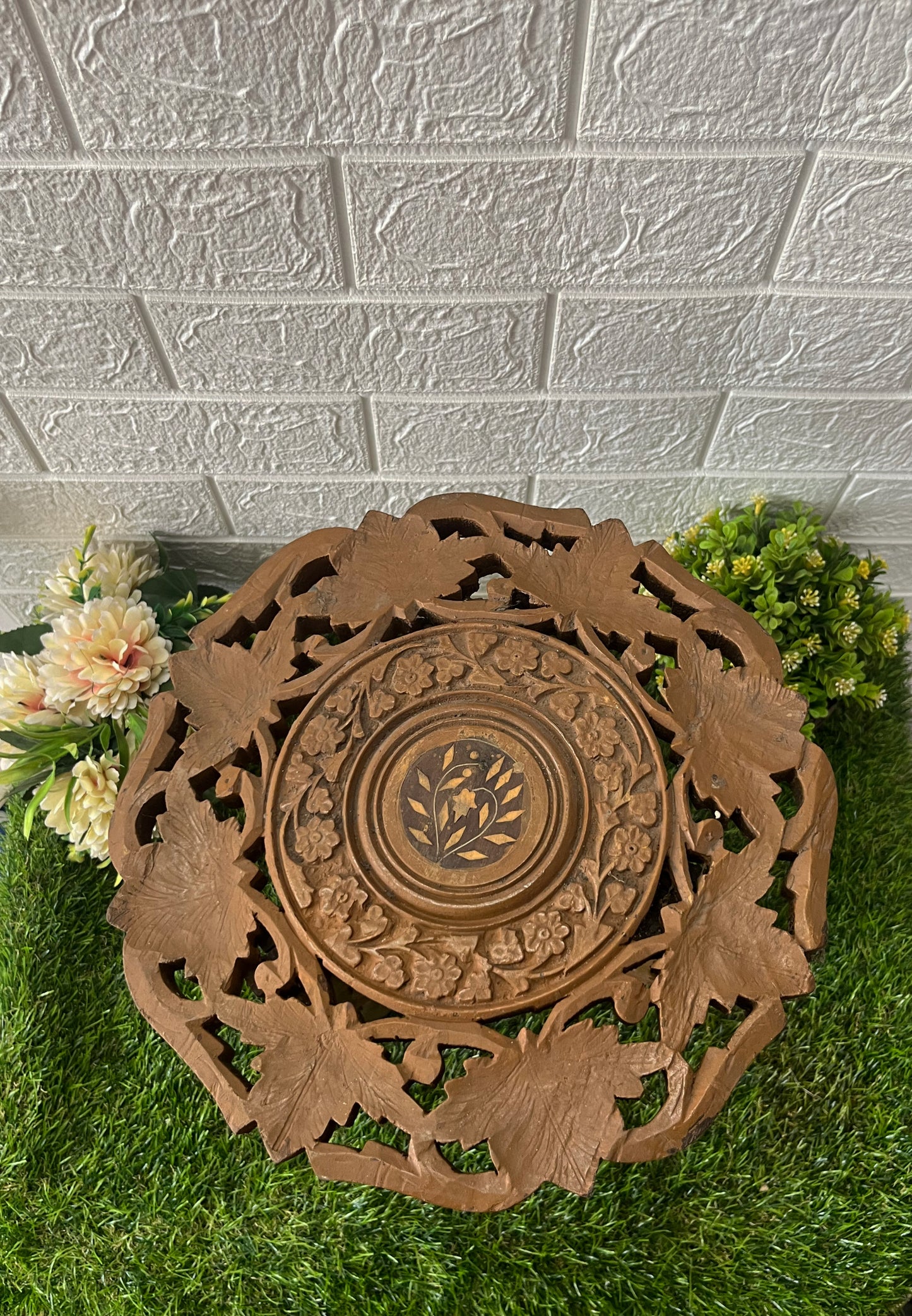 Antique Wooden Kashmiri Table With Flower Vase