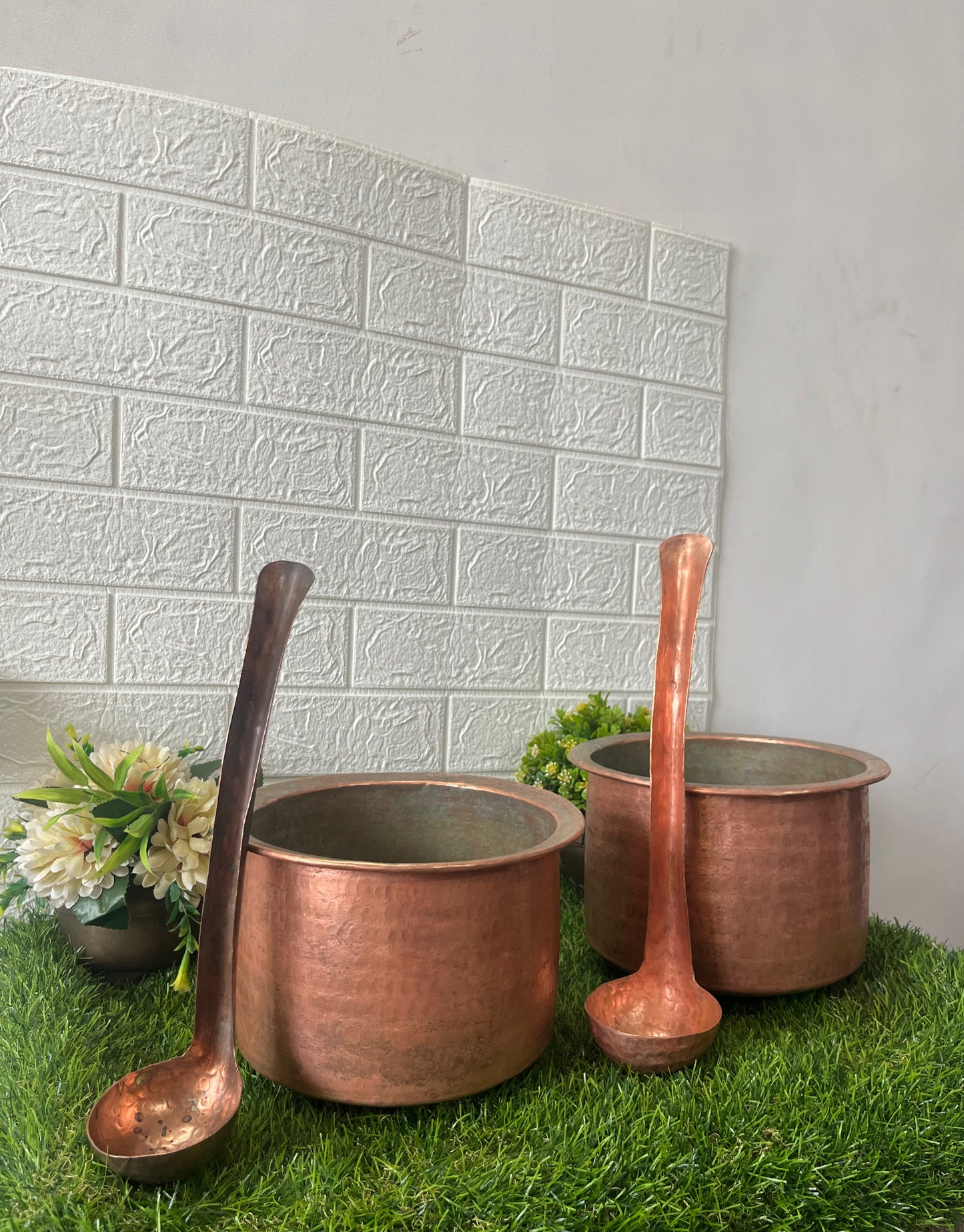 Antique Copper Cooking Bowls With Ladle Pair