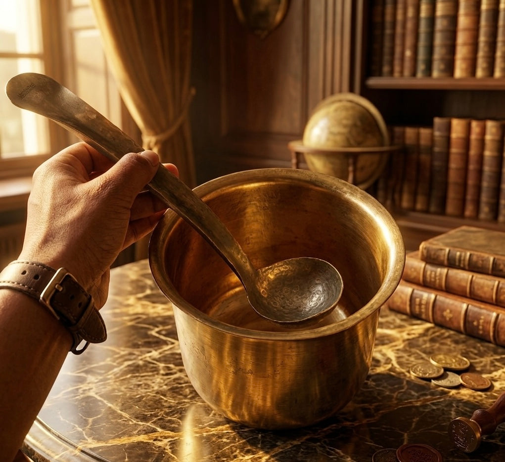 Antique Brass Cooking Bowl with Ladle | Traditional Pital Bhagona with Spatula - Bombay Antiques