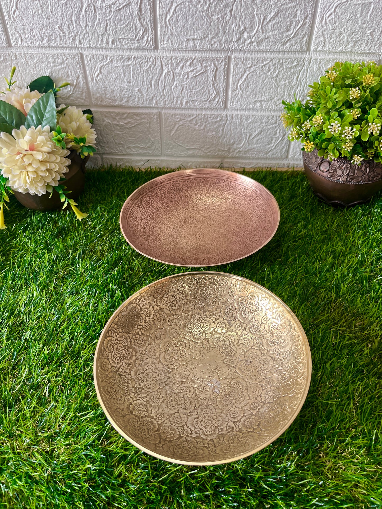 Brass Engraved Plates In Pair - Antique Thali