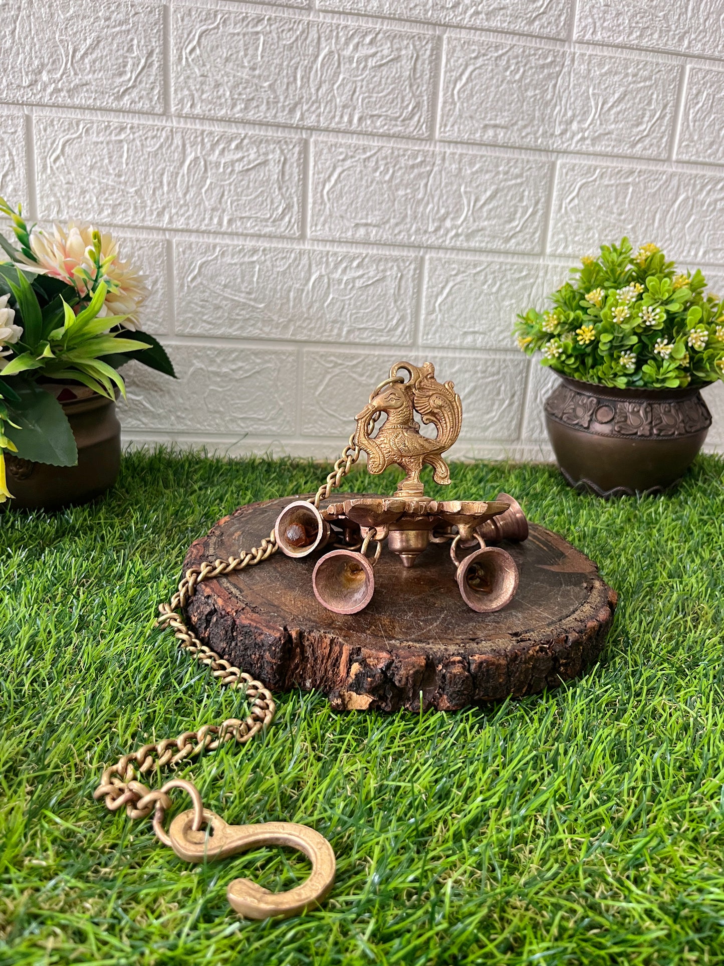 Brass Peacock Hanging Diya With Bells - Antique Oil Lamp