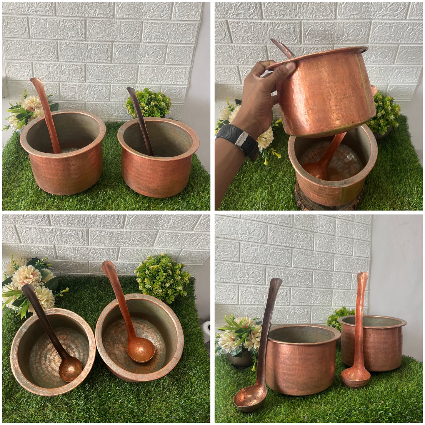 Antique Copper Cooking Bowls With Ladle Pair