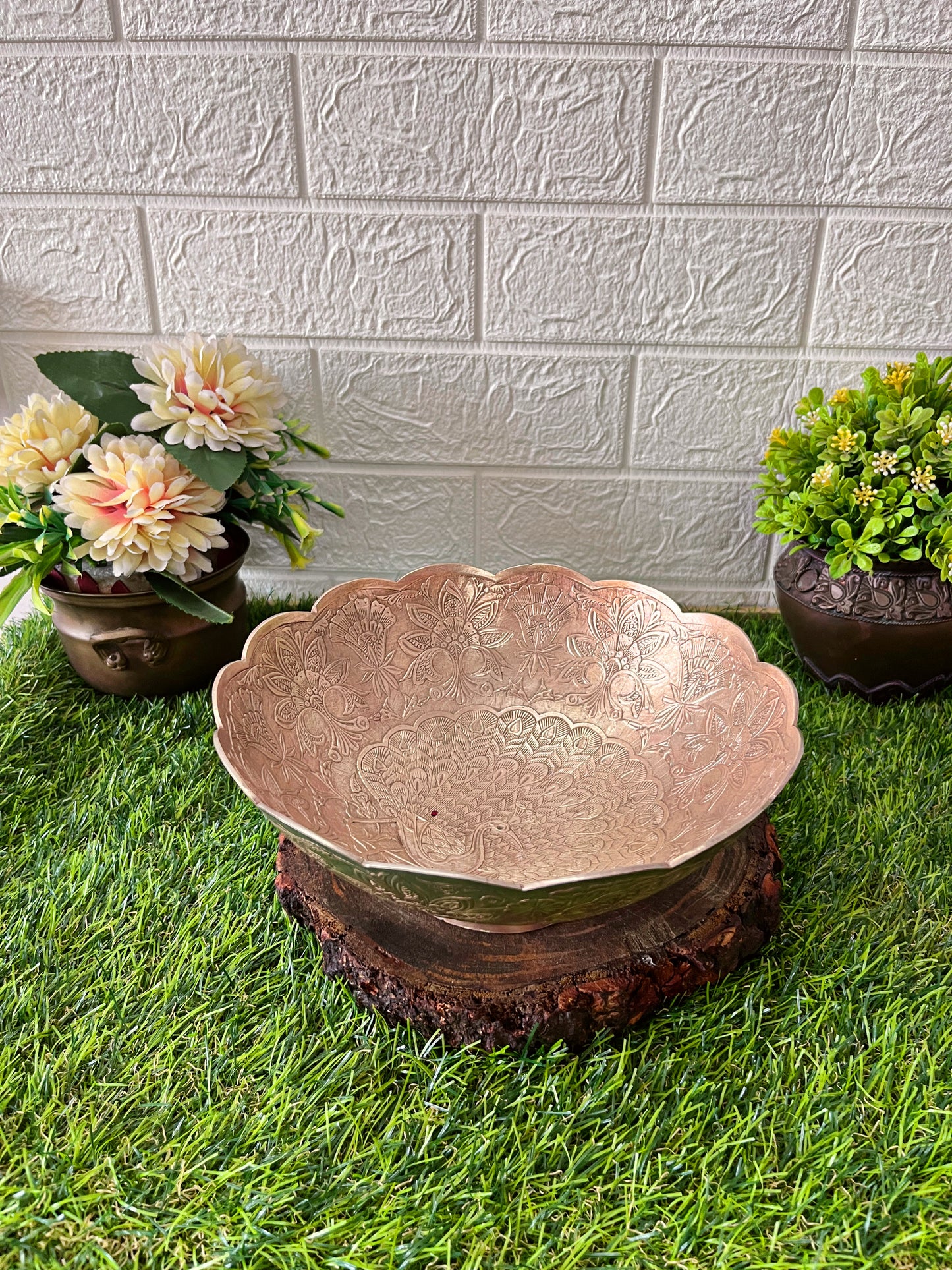 Brass Engraved Fruit Bowl - Antique Serving Item