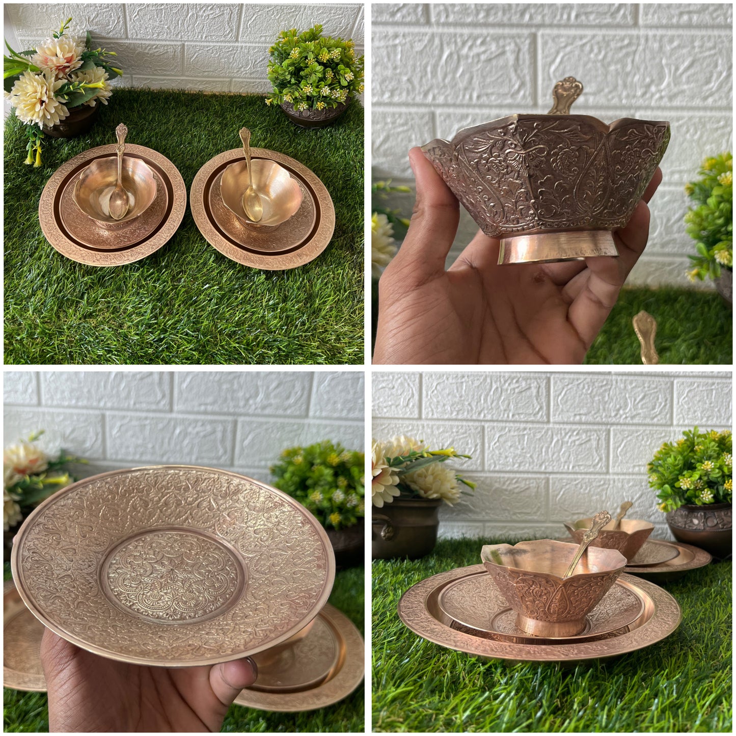 Antique Brass Engraved Plate And Bowls Set