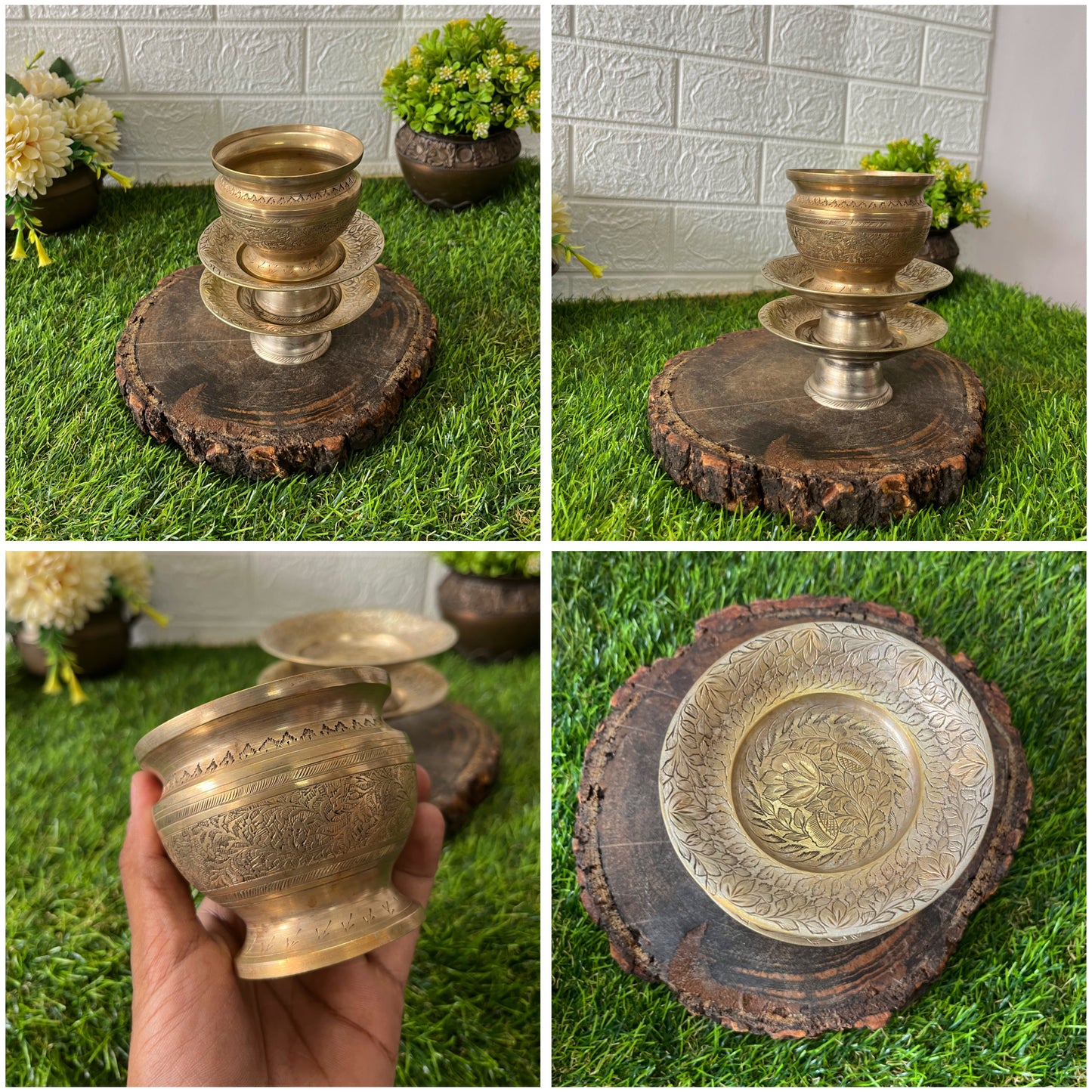 Brass Engraved Kalash with Engraved Stand for Decor - Antique lota