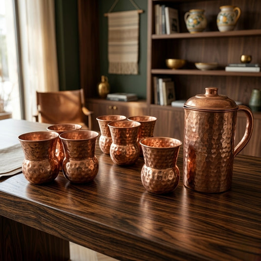 Antique Copper Jug with Glasses | Traditional Drinkware & Decor - Bombay Antiques
