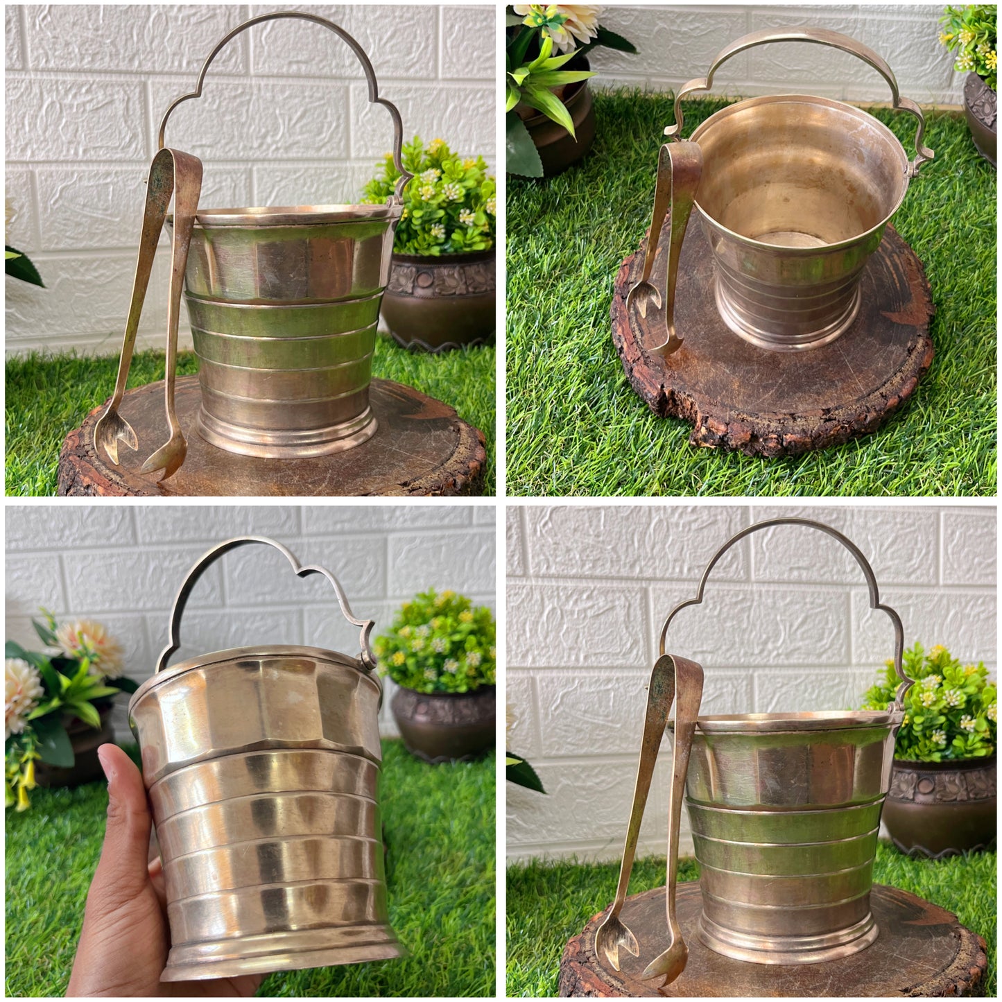 Brass Silver Coated Ice Bucket With Tong - Antique Serving Item