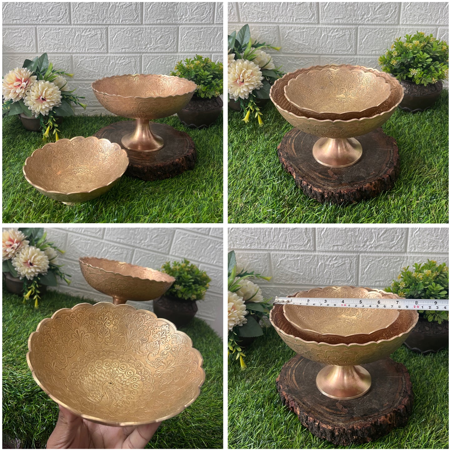 Brass Fruit Bowl - Antique Engraved Serving Item In Pair