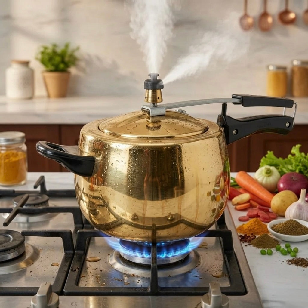 Premium Brass Cooker 3L | Pure Brass Traditional Cooking Vessel | Brand New - Bombay Antiques
