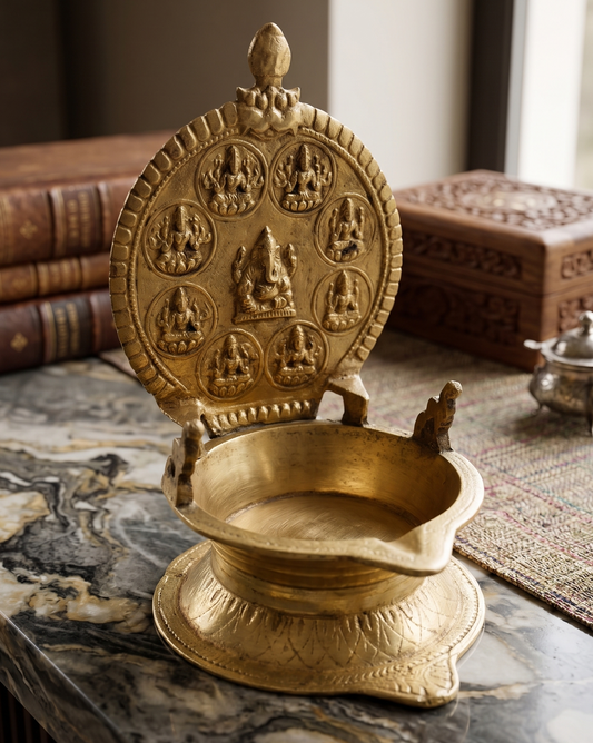 Antique Peetal Engraved Diya | Brass Engraved Decorative Oil Lamp | Made in 1970 - Bombay Antiques