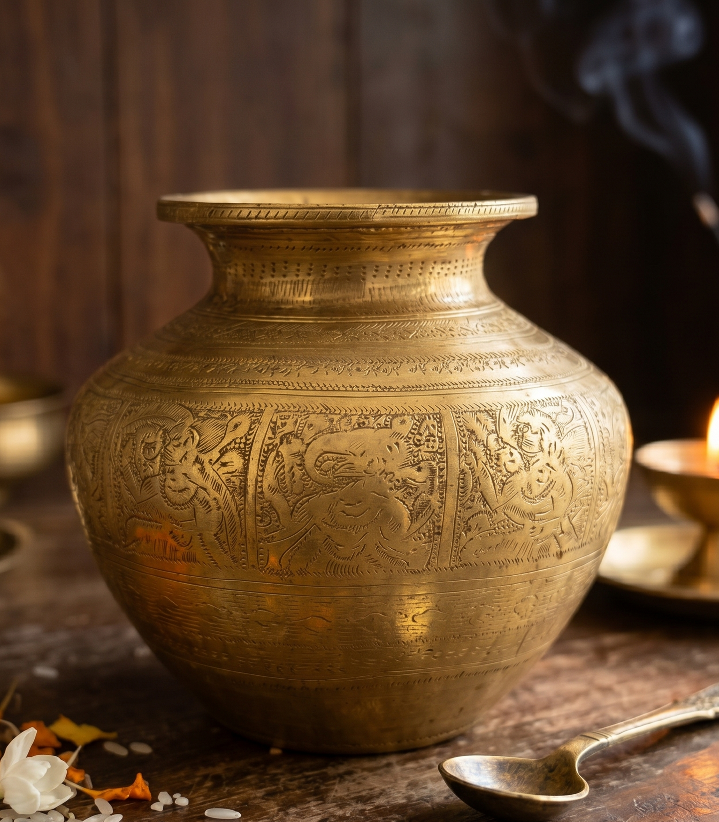 Antique Peetal Engraved Kalash | Pure Brass Decorative Vessel | Made in 1968