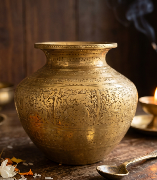 Antique Peetal Engraved Kalash | Pure Brass Decorative Vessel | Made in 1968 - Bombay Antiques