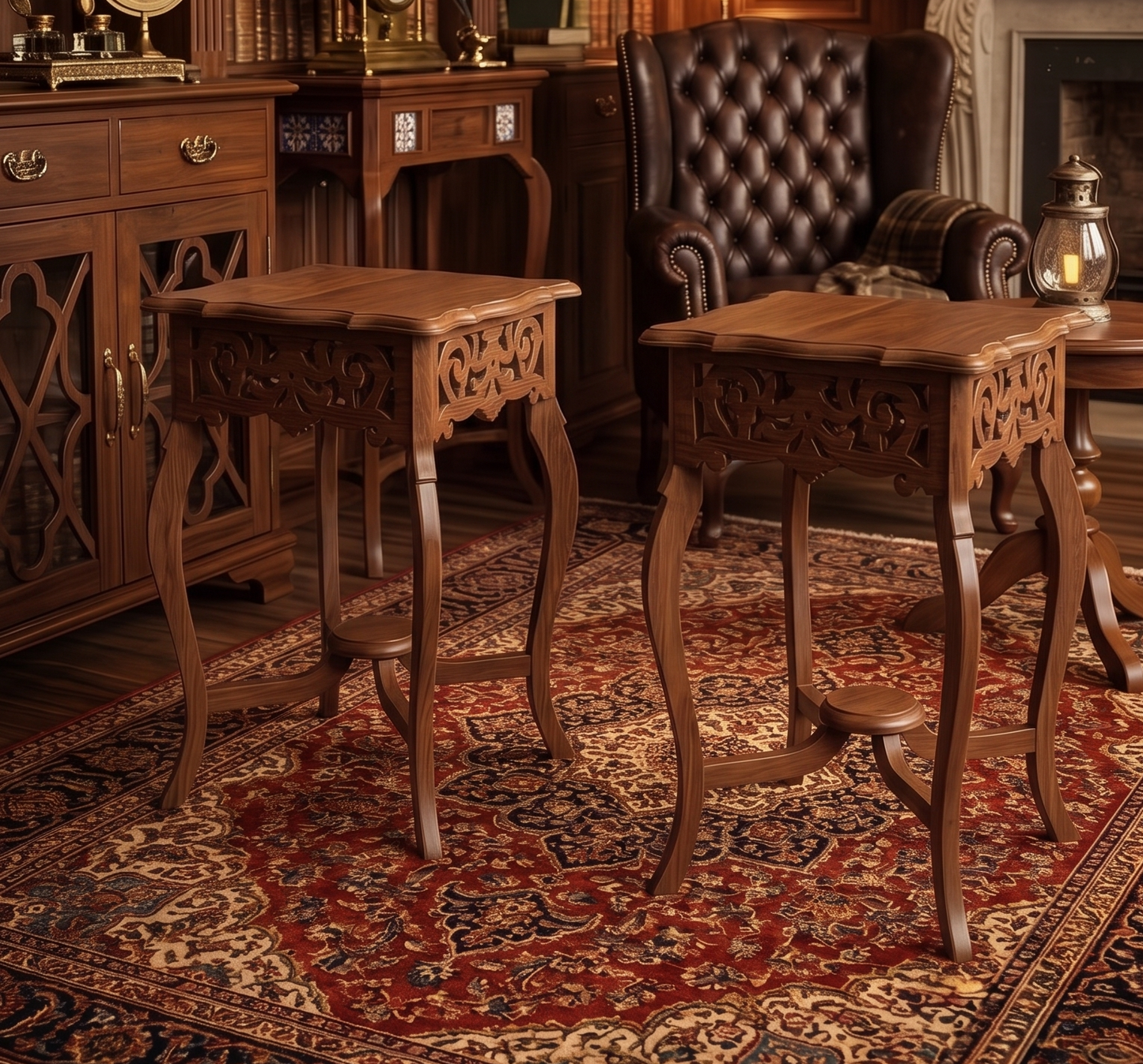 Sagwan Teak Wood Carved Jali Side Table Pair | Solid Teak Fretwork Apron Accent Tables | Inspired by 1880s Indo-Colonial Design