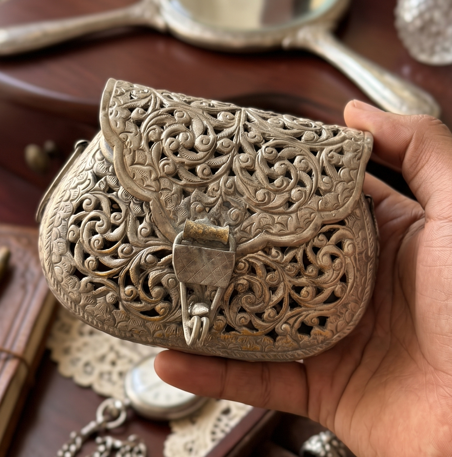 Antique Peetal Silver-Coated Engraved Purse | Silver-Coated Brass Collectible Purse | Made in 1966