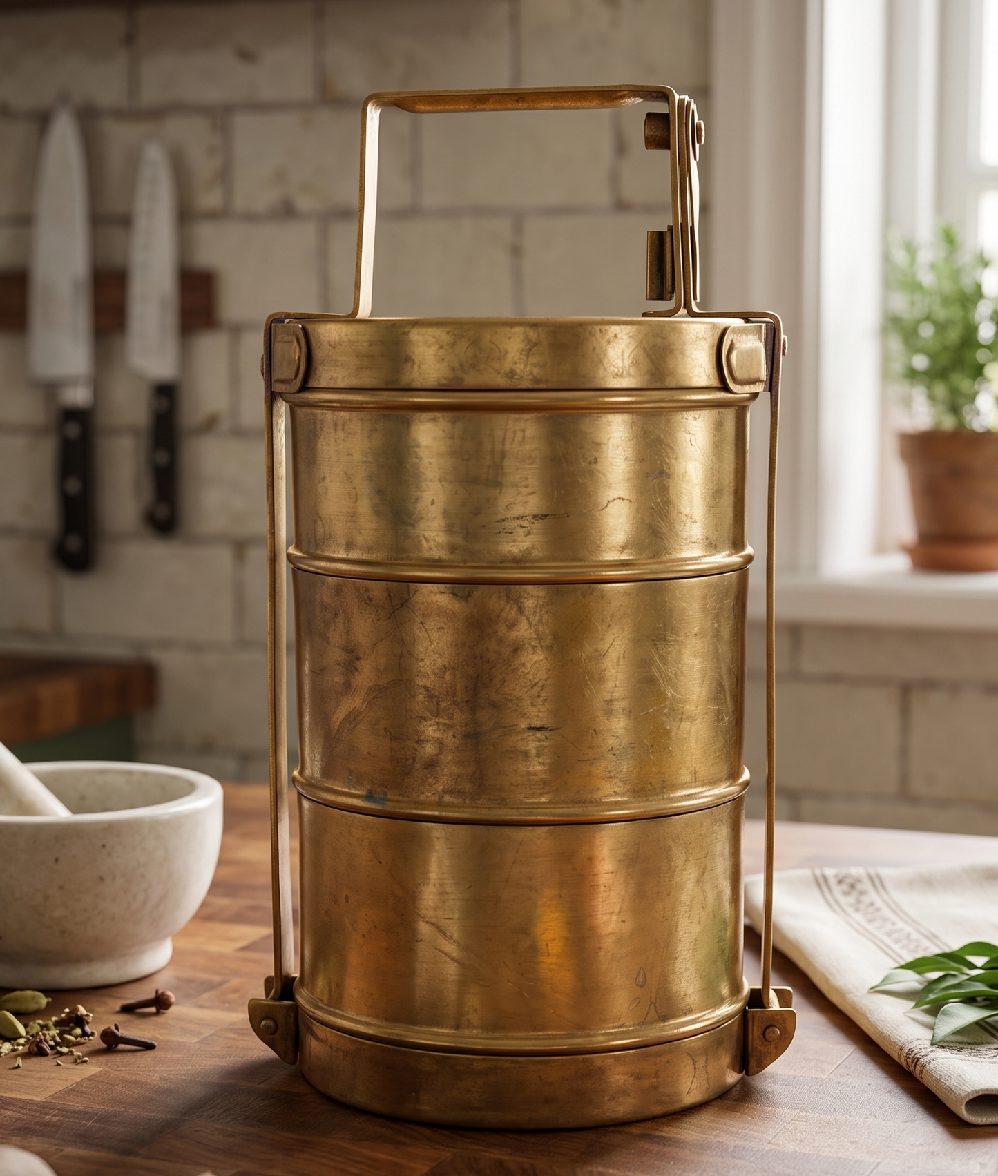 Antique Peetal Tiffin | Pure Brass Storage Container | Made in 1970