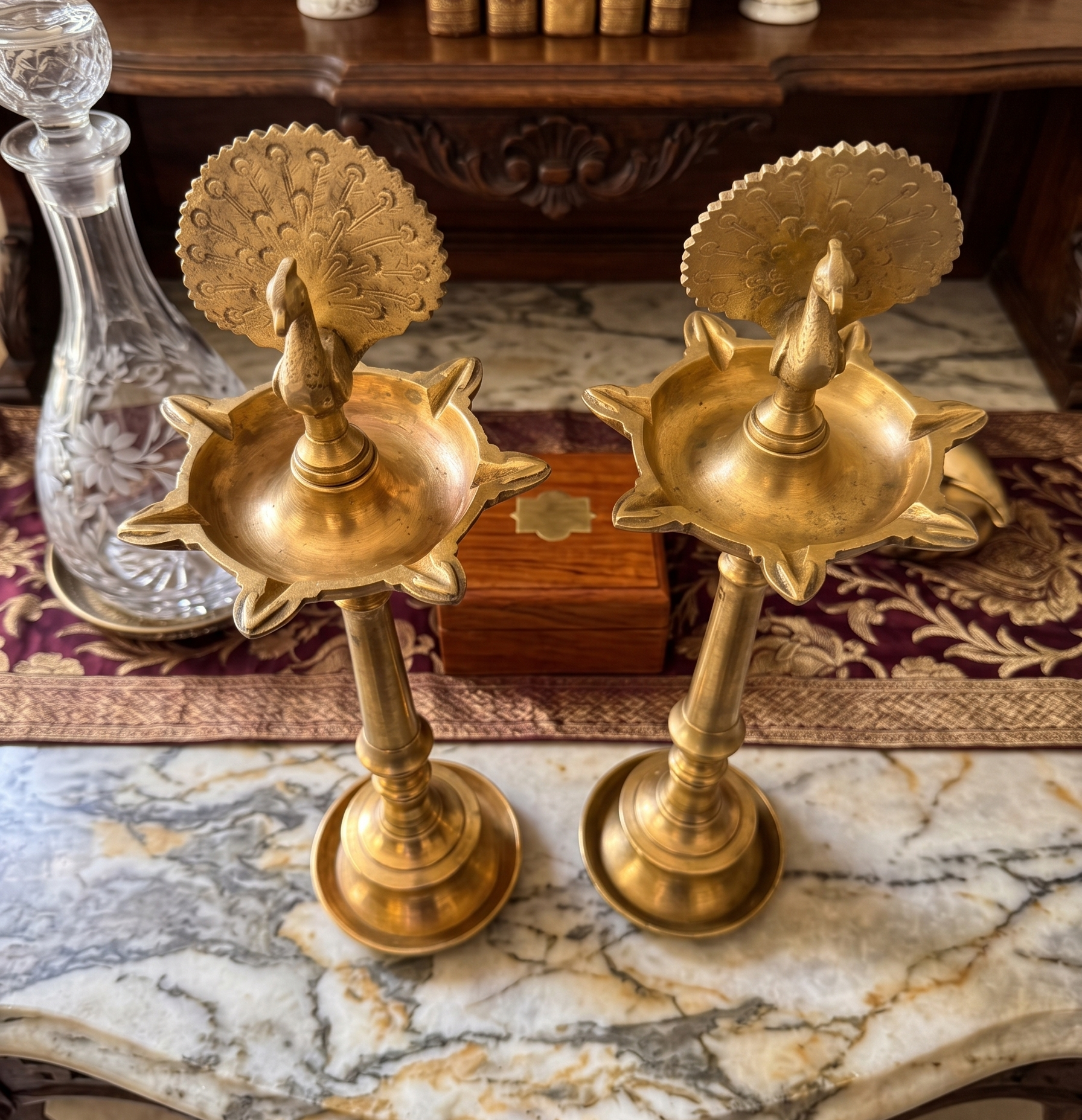 Antique Peetal Peacock Samay Pair | Premium Brass Standing Oil Lamps | Made in 1953 - Bombay Antiques