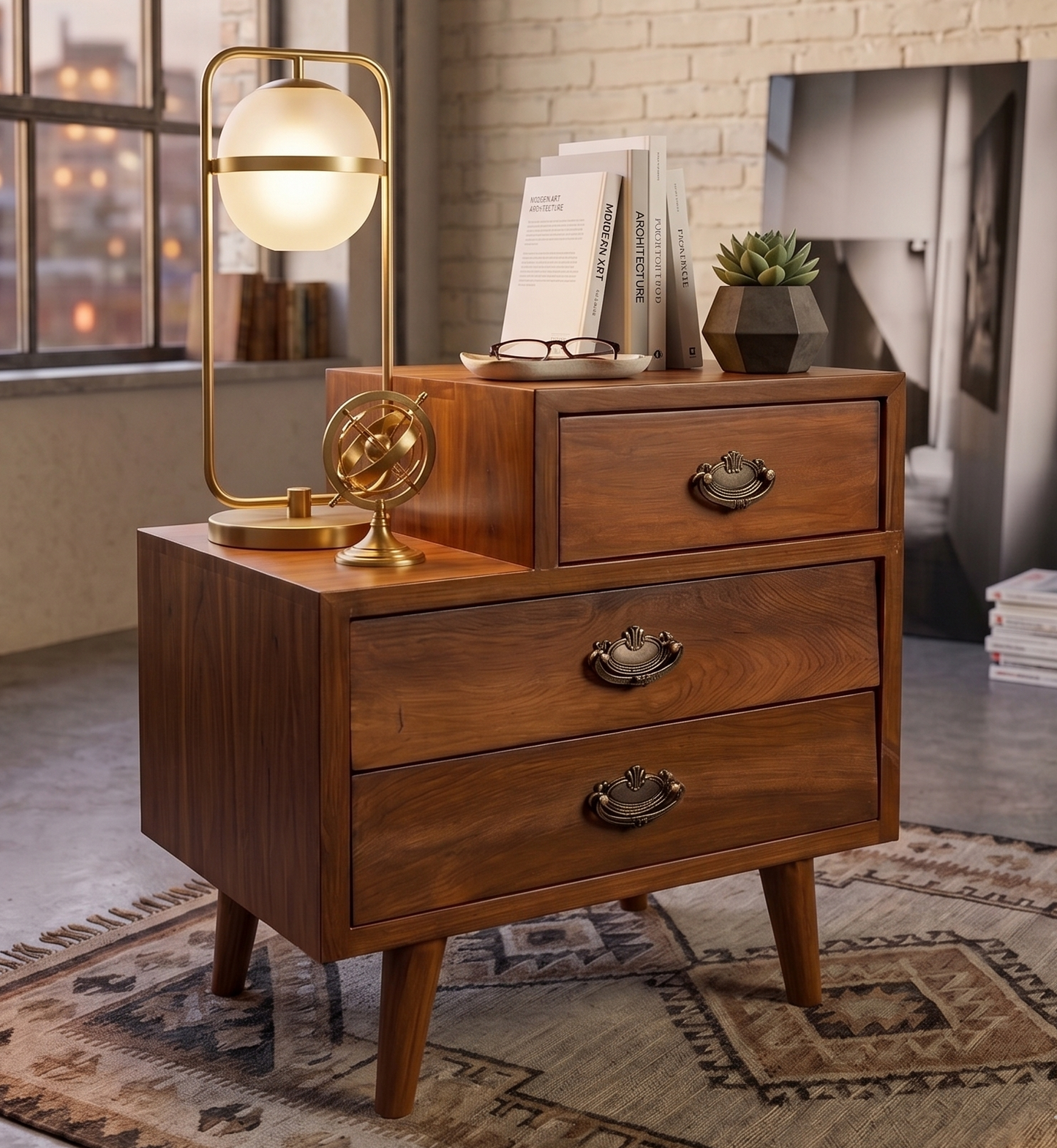Sagwan Teak Wood Mid-Century 3 Drawer Bedside Chest | Solid Teak Brass Handle Nightstand | Inspired by 1950s Scandinavian Mid-Century Design