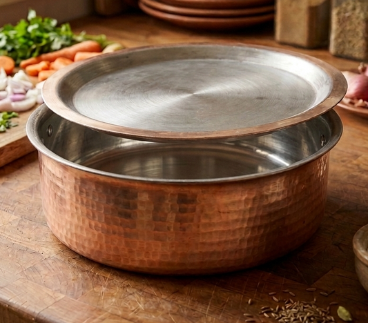 1971 Heavy Antique Brass Langdi with Lid and Ladle | Traditional Brass Serving Bowl - Bombay Antiques