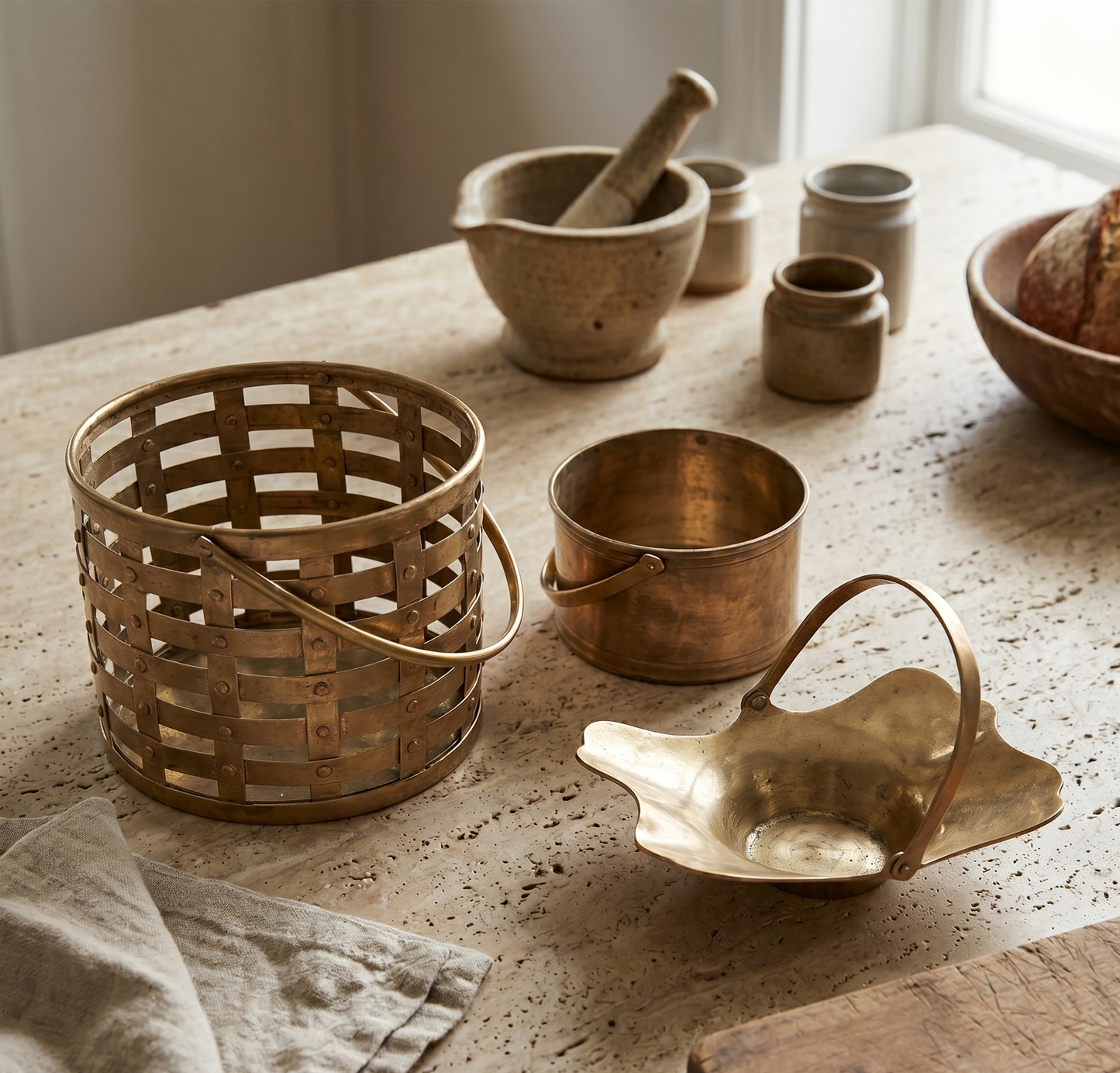 Antique Peetal Set of 3 Kitchen Collection | Pure Brass Lattice Basket, Bucket & Leaf Tray | Made in 1980