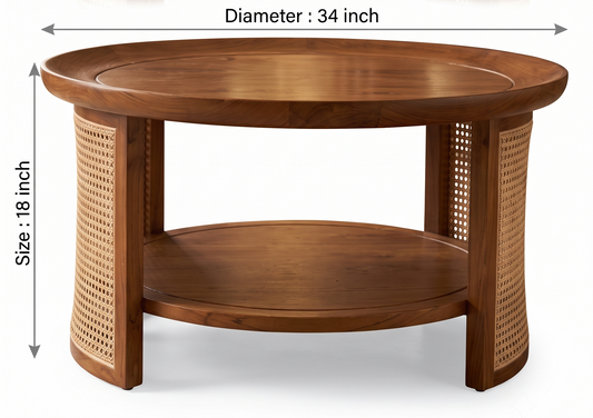 Sagwan Teak Wood Large Round Cane Panel Coffee Table | Solid Teak Rattan Drum Base Centre Table | Inspired by 1950s Mid-Century Colonial Design - Bombay Antiques