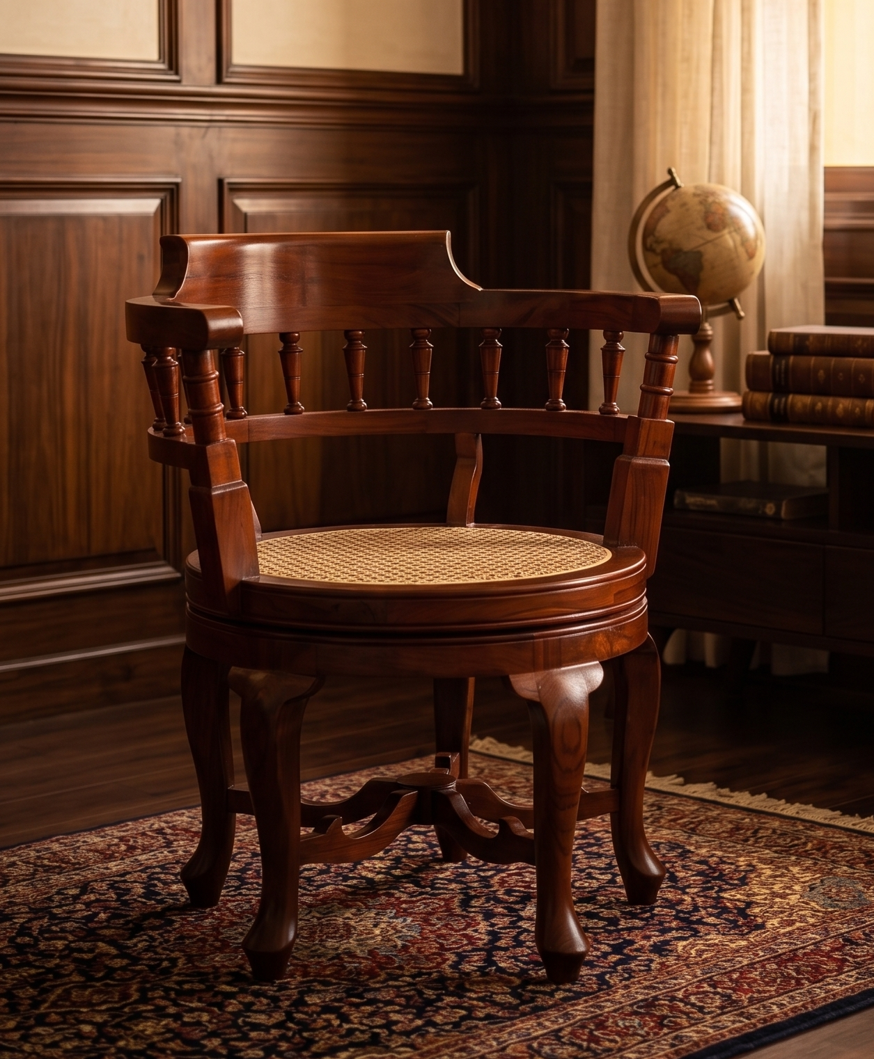 Sagwan Teak Wood Cane Seat Revolving Armchair | Solid Teak Spindle Gallery Captain's Swivel Chair | Inspired by 1890s British Colonial Design