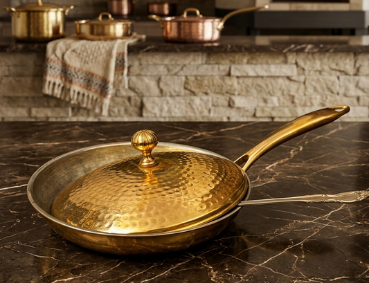 Antique Brass Tawa Skillet Set with Ladle and Lid | Traditional Culinary Frying Pan and Serving Utensil | Made in 1980 - Bombay Antiques