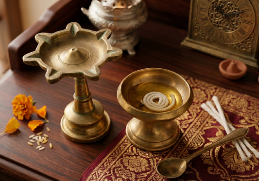 Antique Peetal Small Samay and Diya Pair | Pure Brass Decorative Lamp Set | Made in 1977