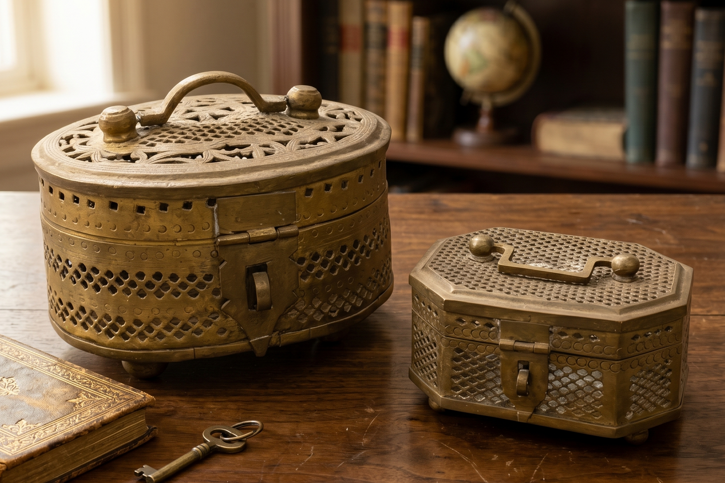 Antique Peetal Engraved Lock Box Pair | Pure Brass Decorative Storage Boxes | Made in 1966