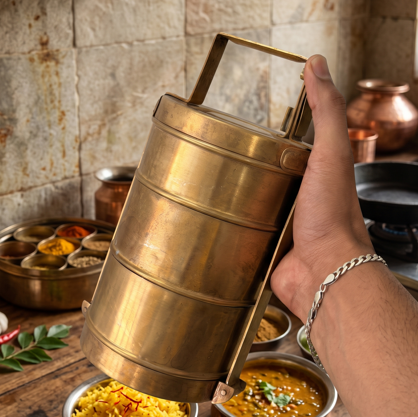 Antique Peetal Tiffin | Pure Brass Storage Container | Made in 1970
