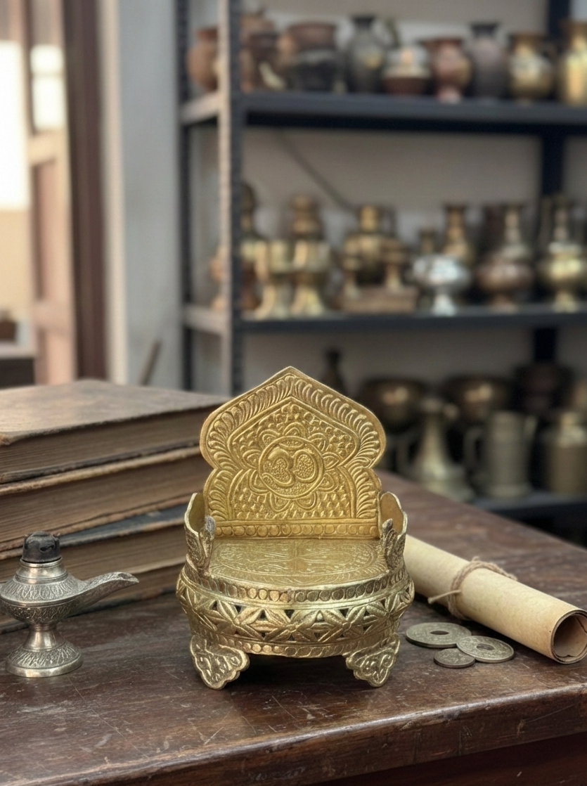 1990 Antique Brass Handmade Singhasan Small | Traditional Decorative Brass Throne