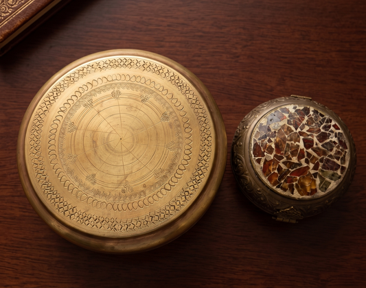 Antique Peetal Engraved Storage Box Set | Brass Lidded Round Box Pair | Made in 1965 - Bombay Antiques