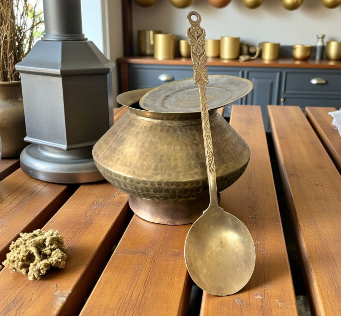 Antique Brass Cooking Bowl Set | 5 Litres Pittal Bhagona | with Lid | ladle | Stand