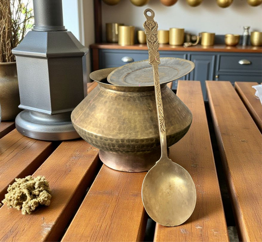 Antique Brass Cooking Bowl Set | 5 Litres Pittal Bhagona | with Lid | ladle | Stand