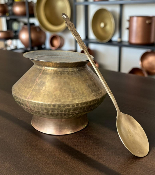 Antique Brass Cooking Bowl Set | 5 Litres Pittal Bhagona | with Lid | ladle | Stand