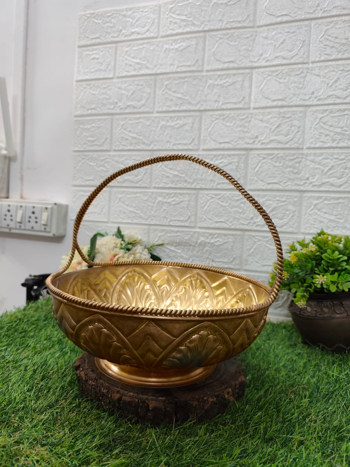 Antique Brass Rare Ornated Basket with Handwork