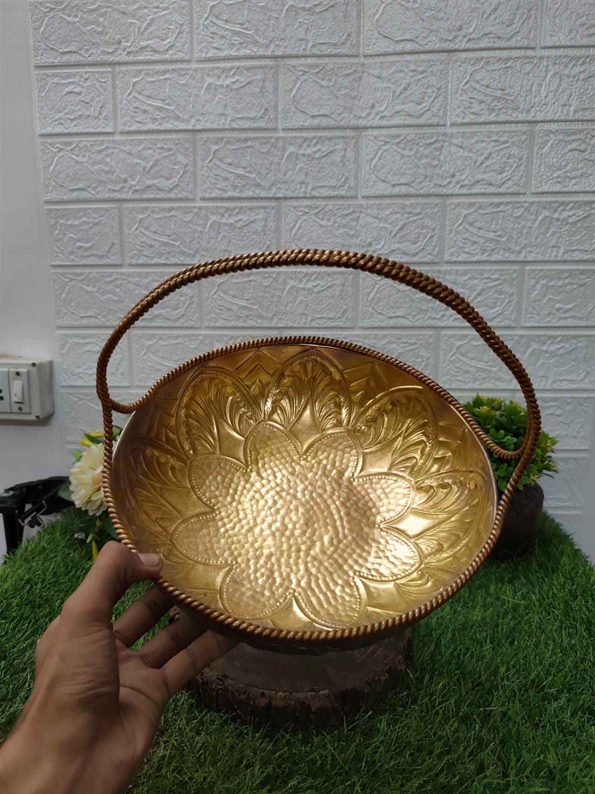 Antique Brass Rare Ornated Basket with Handwork