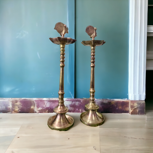 Brass Heavy 2 Ft. Peacock Samay In Pair - Antique Brass 2 Ft. Peacock Samay/Diya In Pair