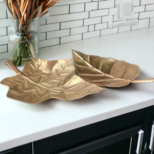 Big Brass Leaf Trays In Pair - Antique Serving Item