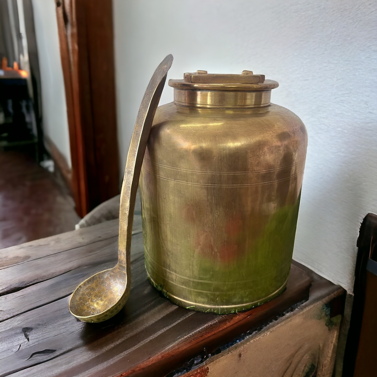 Brass Storage Canister With Ladle - Antique Big Size Storage Item