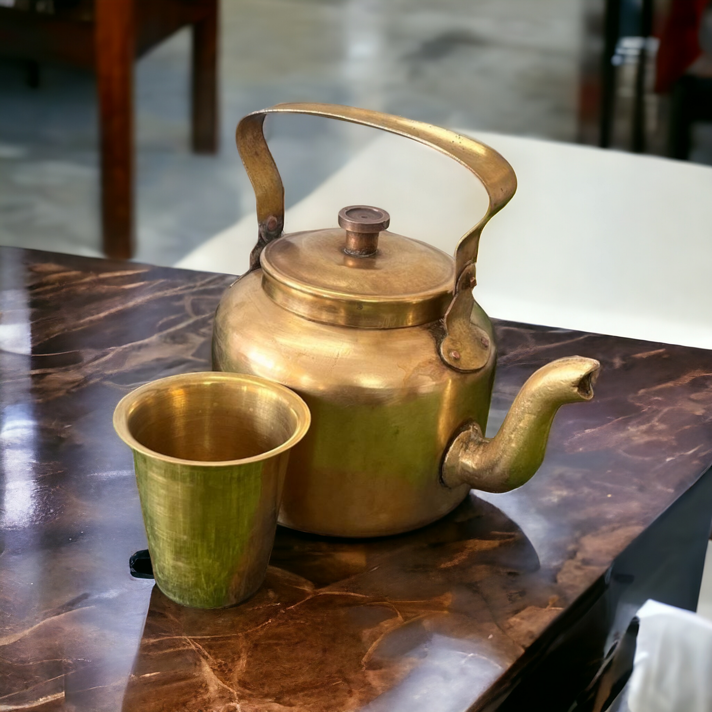 Brass Kettle With Glass - Antique Serving Item