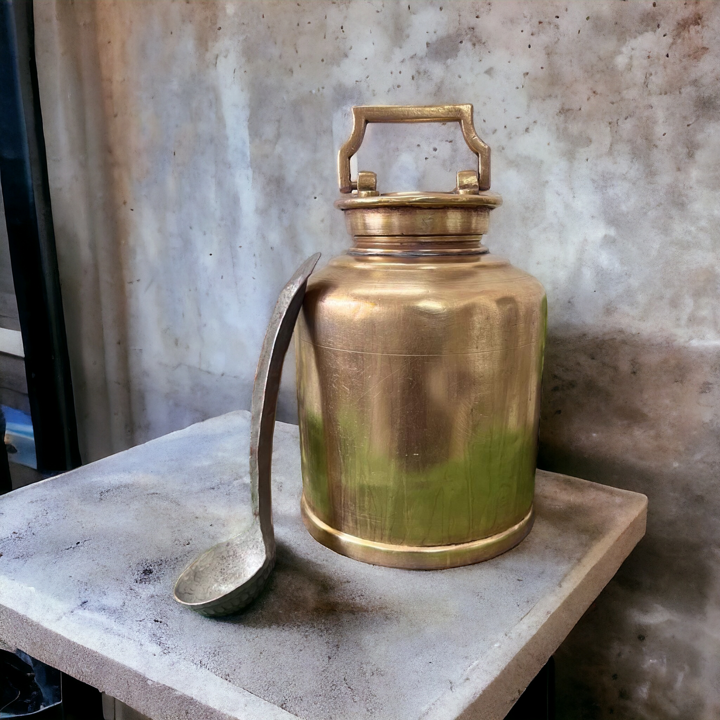 Brass Cannister With Lid And Ladle - Antique Storage Item