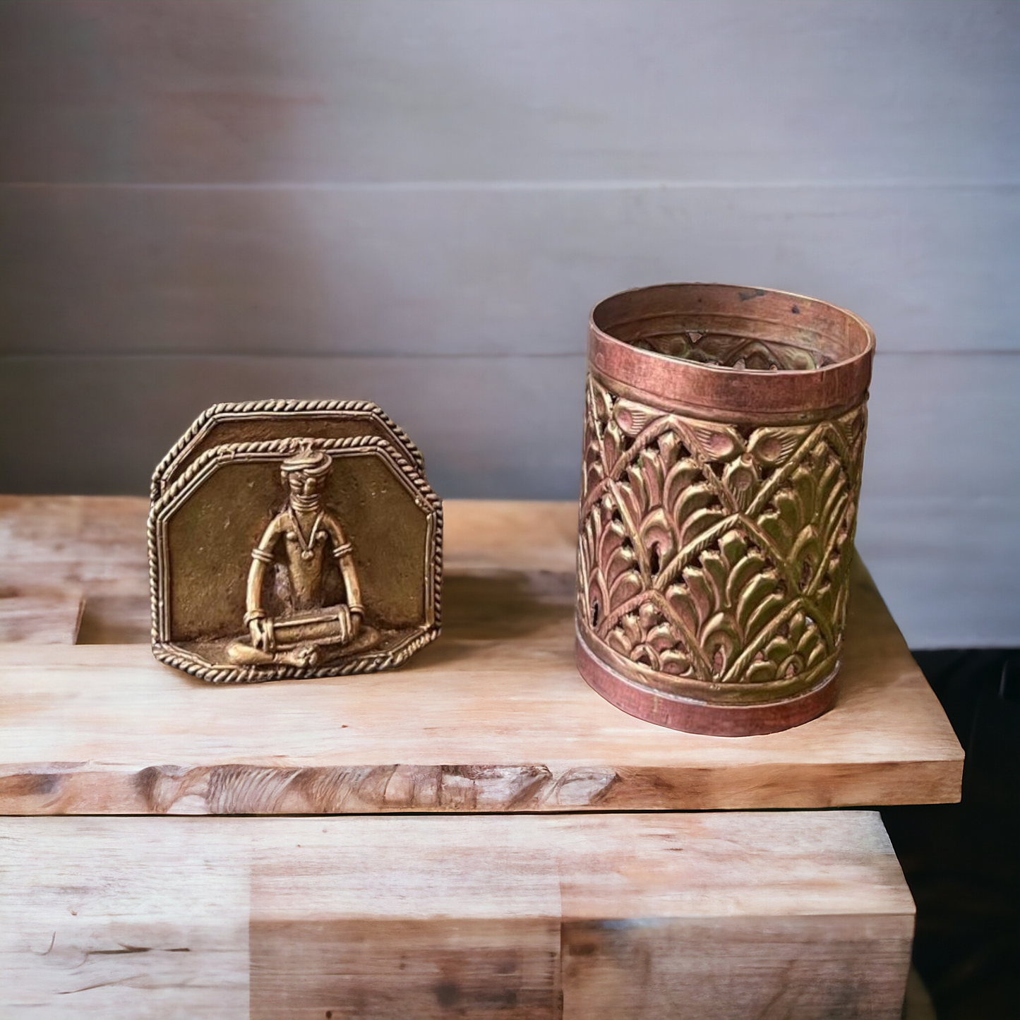 Brass Tissue And Copper Pen Holder In Pair - Antique Decors