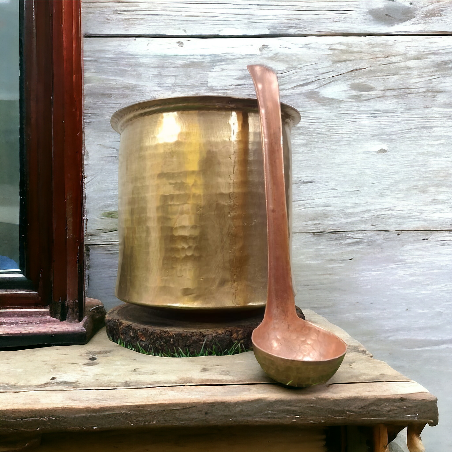 Antique Brass Long Shape Cooking Bowl with Copper Ladle