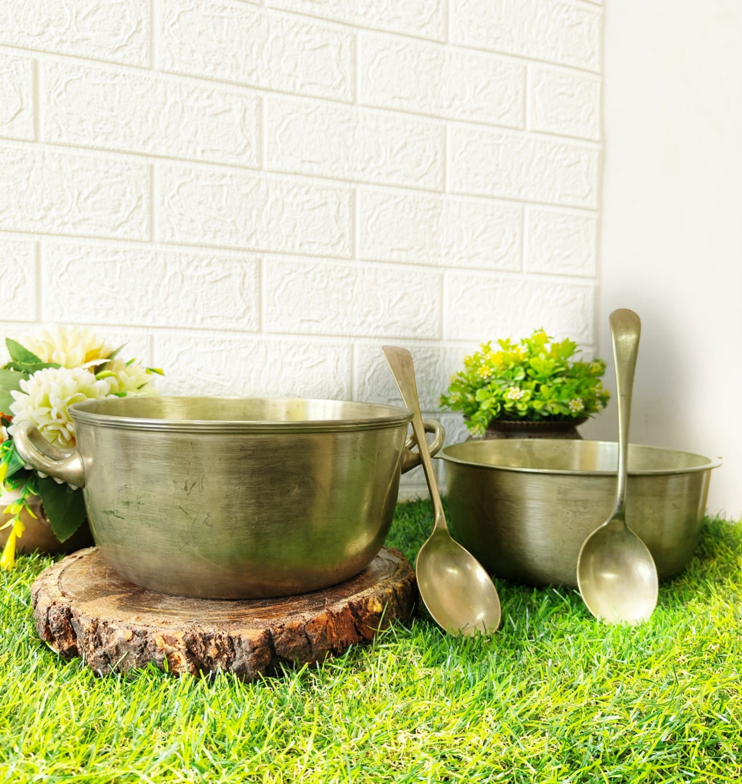 Antique Brass Serving Bowls with Spoons