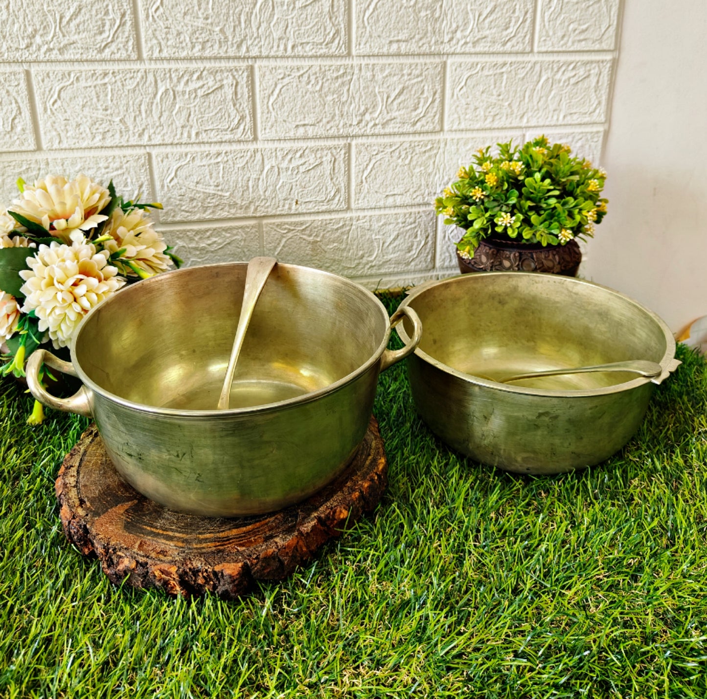 Antique Brass Serving Bowls with Spoons